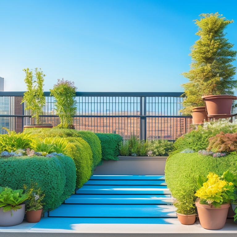 A serene rooftop vertical garden with lush greenery, vibrant flowers, and thriving herbs, amidst sleek modern planters, trellises, and irrigation systems, set against a clear blue sky with fluffy white clouds.