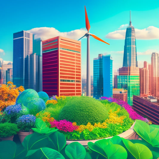 A stylized illustration of a modern rooftop garden with lush greenery, colorful flowers, and a small wind turbine spinning lazily in the background, surrounded by city skyscrapers.