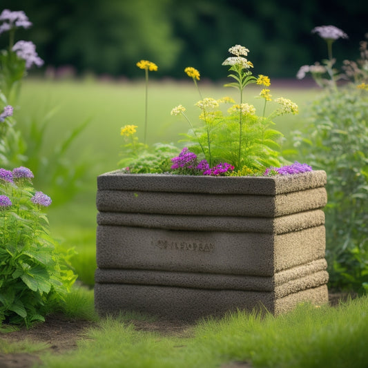 A rustic, weathered cinder block planter sits atop a lush green lawn, surrounded by vibrant flowers and lush foliage, with a subtle mist effect and warm, golden lighting.