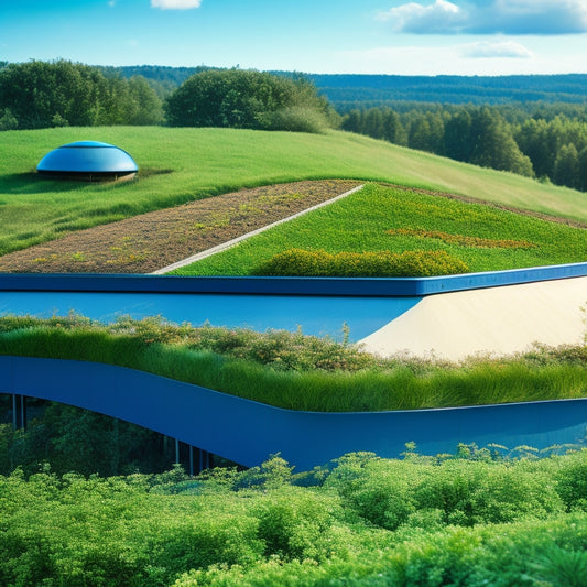 An illustration of a modern, sloping green roof with lush vegetation, showcasing a discreet drainage system featuring perforated pipes, gravel filters, and a waterproof membrane, set against a clear blue sky.