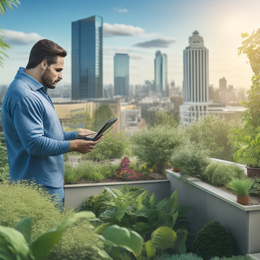 An illustration of a person standing on a lush, green rooftop garden, surrounded by various plants and a subtle cityscape in the background, with a tablet and stylus in hand, designing an irrigation system on the screen.
