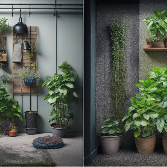 A split-screen image featuring a blank, urban wall on one side and a lush, thriving vertical garden on the other, with scattered DIY tools and materials in the foreground.