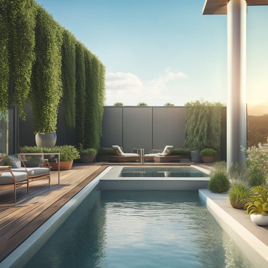 A serene rooftop pool scene with lush greenery cascading down a sleek, modern vertical gardening system, surrounded by comfortable lounge chairs and a warm, sunny sky.