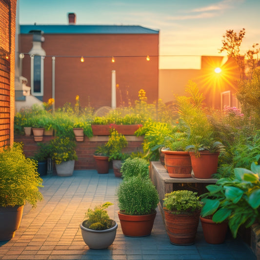 A serene rooftop garden scene at sunset, with lush greenery and vibrant flowers, featuring a sprinkler system with gentle water droplets suspended in mid-air, surrounded by rustic wooden planters and weathered brick walls.