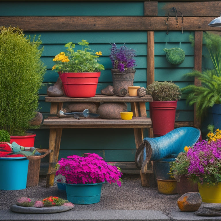 A colorful, well-lit garden scene featuring a variety of planters, gardening gloves, a trowel, pruners, a watering can, and a cultivator, arranged artfully on a wooden bench or stone patio.