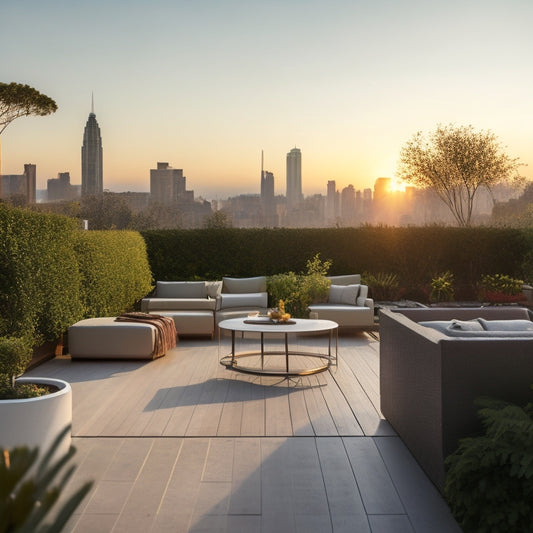 A serene rooftop garden with sleek, minimalist furniture, lush greenery, and a gleaming infinity pool blending into a vibrant cityscape at sunset, with warm golden lighting and subtle mist.