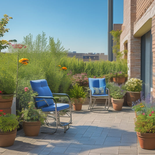 A serene rooftop garden scene featuring a wheelchair-accessible path, vibrant greenery, and colorful flowers, with a small bistro set and a few comfortable chairs, set against a soft blue sky.