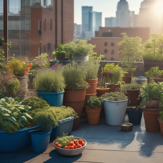 A serene rooftop garden scene with lush, vibrant vegetables and herbs thriving in raised beds, surrounded by a bustling cityscape, with a few potted plants and a watering can nearby.