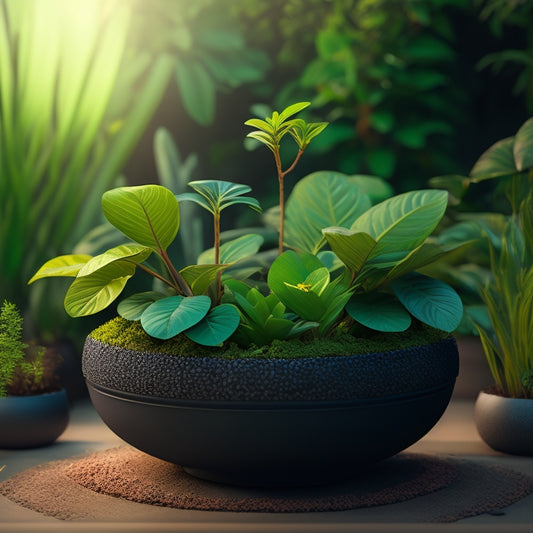 An illustration of a planter with visible drainage holes and a built-in water reservoir, surrounded by lush, healthy plants with roots growing downwards, and a subtle water droplet pattern in the background.