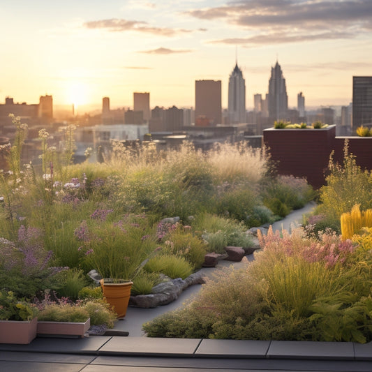 A serene rooftop garden scene with lush, diverse native plants in bloom, bees and butterflies flitting about, and a subtle cityscape background with a faint sunny glow.