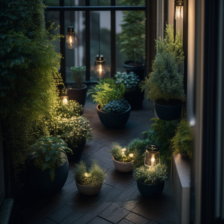 A whimsical, overhead shot of a petite balcony adorned with three to five chic cinder planters in various shapes and sizes, surrounded by lush greenery and delicate fairy lights.