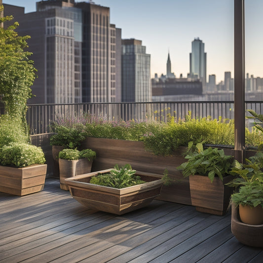 A serene rooftop garden with a mix of rectangular planters, hanging baskets, and a wooden trellis, surrounded by a railing with a cityscape view in the background.