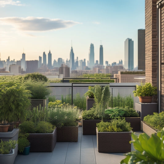 A serene rooftop garden with lush greenery, vertically stacked planters, trellises, and a retractable irrigation system, set against a cityscape backdrop with a sunny, cloudy sky.