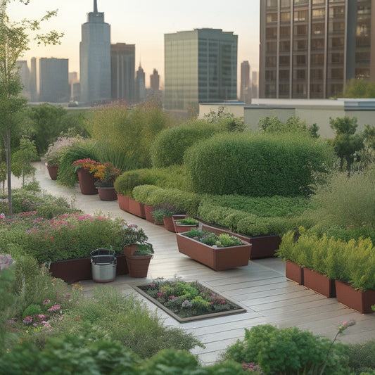 A serene rooftop garden with lush greenery, vibrant flowers, and a subtle mist, showcasing a drip irrigation system, soaker hose, and sprinklers, amidst modern urban architecture.