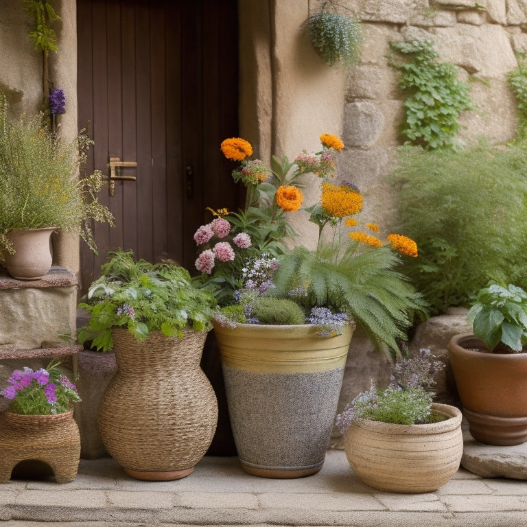 A serene garden scene with a mix of small terracotta pots, woven baskets, and repurposed containers, each filled with lush greenery and vibrant flowers, arranged on a wooden bench or stone wall.