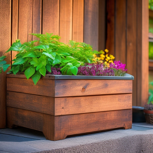 An image of a rustic wooden planter box with metal corner brackets, surrounded by various materials like cedar planks, reclaimed wood, composite decking, and metal mesh, on a weathered stone patio.