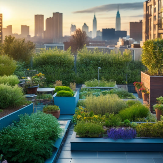 A serene rooftop garden with lush greenery, vibrant flowers, and a subtle mist of water, featuring a faintly visible irrigation system with tubes, sprinklers, and drippers, amidst a cityscape backdrop.