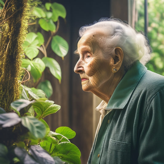 An elderly person with arthritis, surrounded by lush greenery, gently touching a vertical garden's leafy tendrils, with a subtle, warm glow emanating from the plants, conveying comfort and serenity.