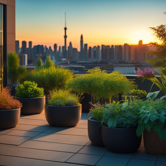 A serene urban rooftop oasis at sunset, with lush greenery spilling from sleek, modern self-watering planters in varied shapes and sizes, surrounded by minimalist outdoor furniture and a cityscape backdrop.