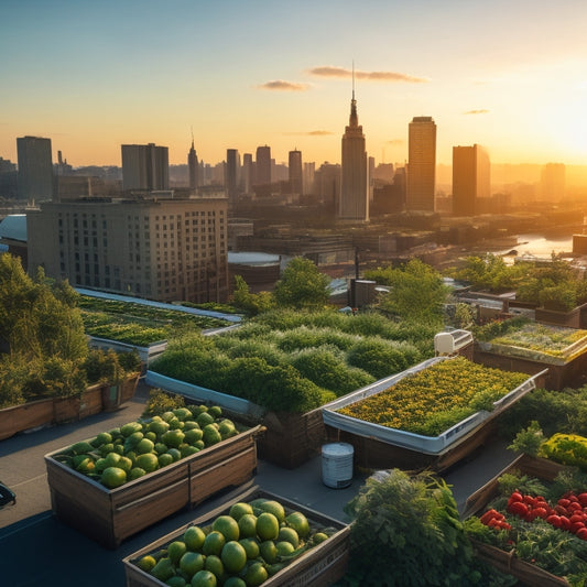 An aerial view of a bustling cityscape at sunset, with a rooftop garden in the foreground featuring a hydroponic system, lush greenery, and a variety of vegetables and herbs.