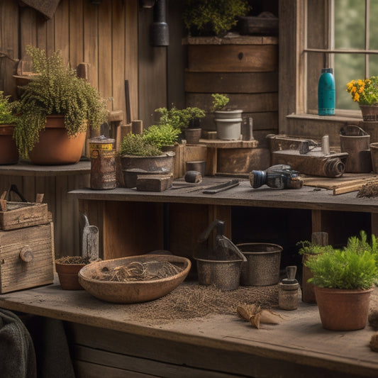 A rustic wooden workbench cluttered with various planter-building tools, including a jigsaw, cordless drill, and miter saw, surrounded by half-built planters and scattered wood shavings.