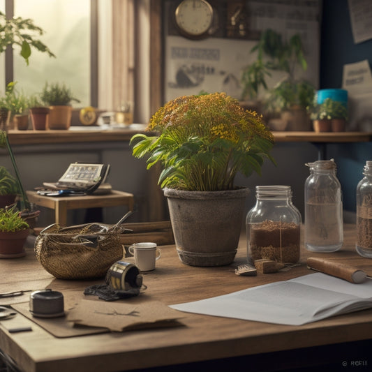 A messy workspace with scattered DIY planter project materials, a half-finished planter, and a crumpled calendar in the background, with a clock ticking in the foreground.