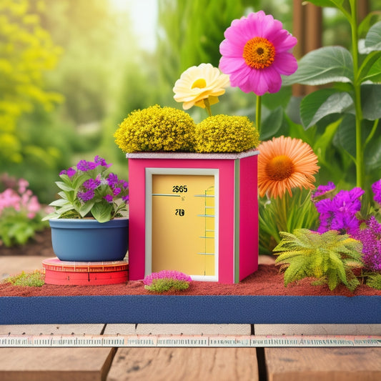 A colorful illustration of a block planter with measuring tape and ruler placed around it, showcasing the various dimensions, including height, width, and depth, with subtle garden background.