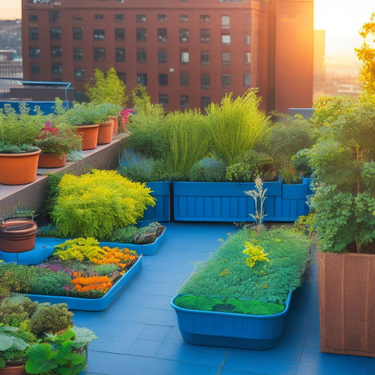 A rooftop veggie garden in a small urban space, with a miniature irrigation system consisting of thin tubes, tiny sprinklers, and a small water tank, surrounded by lush greenery and colorful flowers.