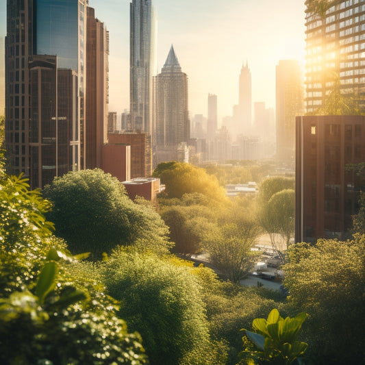 A serene cityscape with lush greenery overflowing from rooftops, vibrant flowers and leafy trees amidst sleek skyscrapers, with gentle wisps of clean air circulating amidst a bright blue sky.