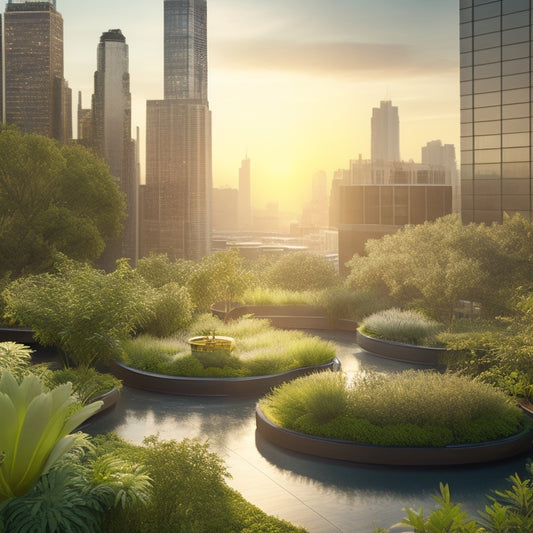 A serene rooftop garden with lush greenery, winding vines, and a small pond, surrounded by sleek city skyscrapers, with a subtle mist effect and warm golden hour lighting.