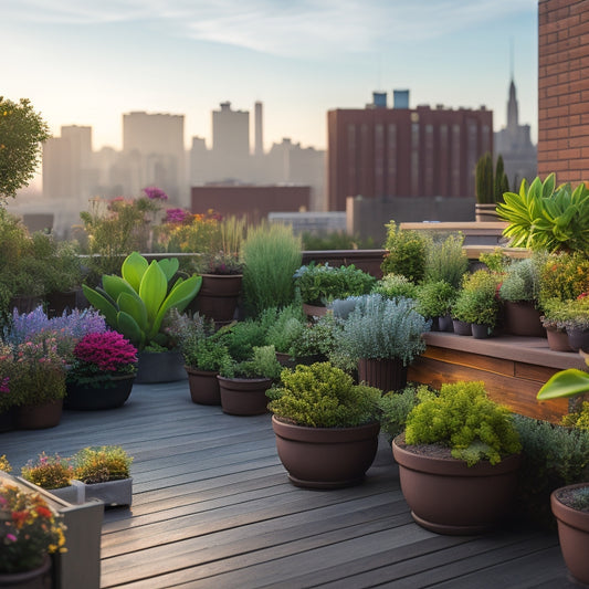 A serene rooftop garden with a mix of colorful potted flowers, lush greenery, and succulents, surrounded by sleek wooden planters, modern outdoor furniture, and a scenic cityscape background.