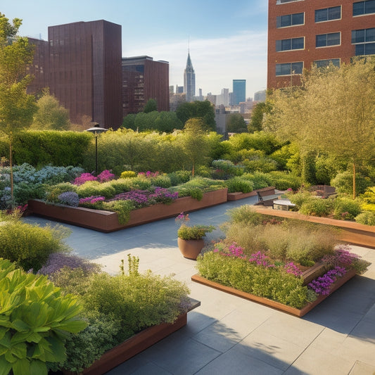 A serene rooftop garden with a gentle slope, wide walking paths, and seating areas featuring comfortable, cushioned benches and planters filled with vibrant, low-maintenance flowers and lush greenery.