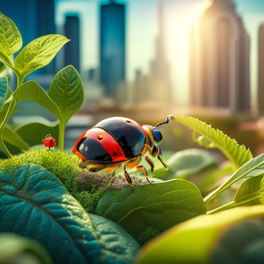 An illustration of a rooftop hydroponic garden with lush green plants and a subtle cityscape in the background, featuring a magnifying glass zoomed in on a Ladybug inspecting a leaf for pests.