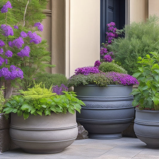 Concrete planters in a lush garden, varying in shape and size, with unique textures and patterns. Some planters are integrated into steps or walls, while others stand alone, all brimming with vibrant, cascading flowers and greenery.