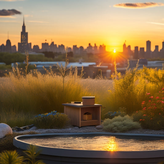 A serene rooftop oasis at dusk, featuring native plants, a small pond, and a wooden birdhouse, with a cityscape silhouette in the background, under a warm, golden light.