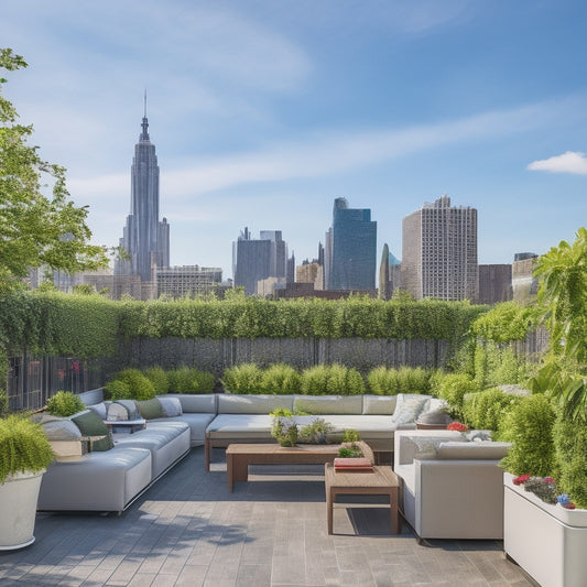 A serene rooftop oasis with lush green walls, overflowing planters, and a trellis-supporting vine, surrounded by sleek city skyscrapers and a sunny blue sky with puffy white clouds.