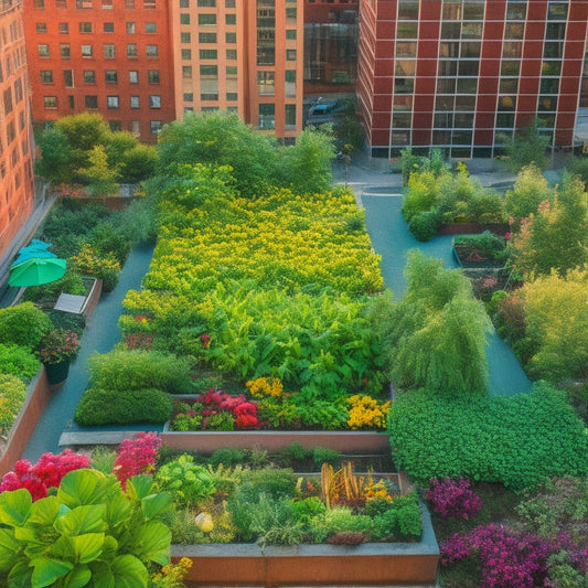 Aerial view of a vibrant, lush rooftop garden amidst a concrete cityscape, with a variety of colorful vegetables, leafy greens, and flowers blooming in neatly arranged planters and trellises.