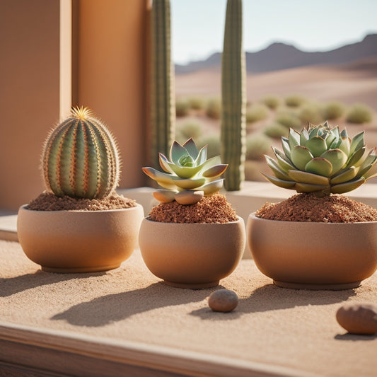 A serene desert oasis scene with three identical succulents in planters of varying sizes, set against a warm beige background with a subtle gradient of sandy dunes.
