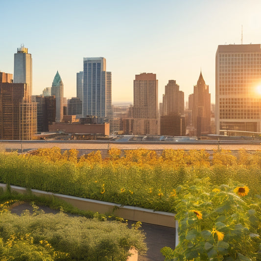 A rooftop garden with lush greenery, featuring rows of leafy kale, sunflowers towering above, and vines of peas crawling up a trellis, all surrounded by urban skyscrapers in the background.