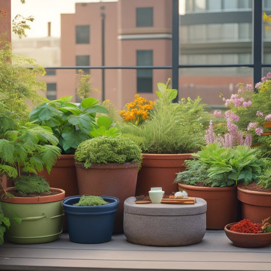 A serene rooftop garden scene with lush greenery, vibrant flowers, and a wooden planter box in the foreground, surrounded by repurposed containers holding natural fertilizer ingredients like banana peels and coffee grounds.