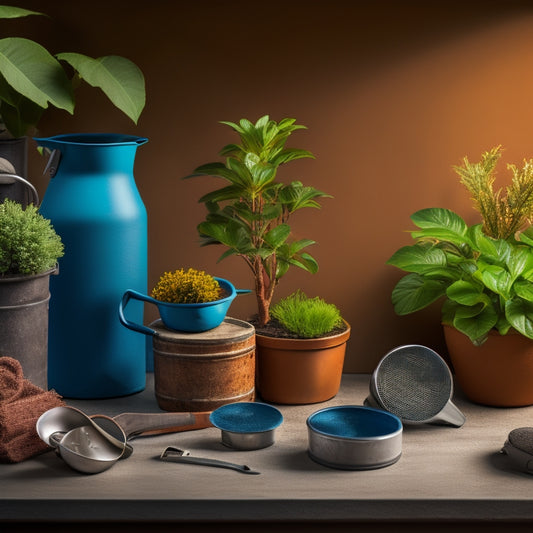 A serene, well-lit background with a small, rounded planter in the center, surrounded by a few essential maintenance tools: a small watering can, pruning shears, and a soft-bristled brush.