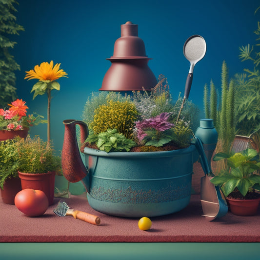 A whimsical illustration of a lush, overflowing cinder planter surrounded by gardening tools, with a small watering can, pruners, and a trowel arranged artfully around its base.