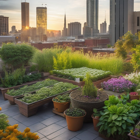 A serene rooftop garden with lush greenery, vibrant flowers, and diverse vegetables thriving amidst repurposed containers, trellises, and winding pathways, surrounded by a bustling cityscape in the background.