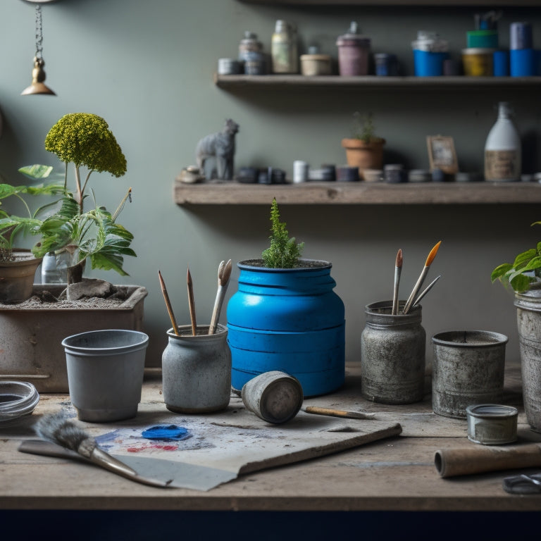 A messy workshop table with concrete planters, scattered paintbrushes, and half-empty paint cans, surrounded by torn paper tutorials and clocks, with a few upcycled planters in the background.