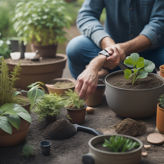 An image of a person gently removing a thriving vertical garden from its pot, with roots visible, surrounded by various repotting tools and a selection of new pots in different shapes and sizes.