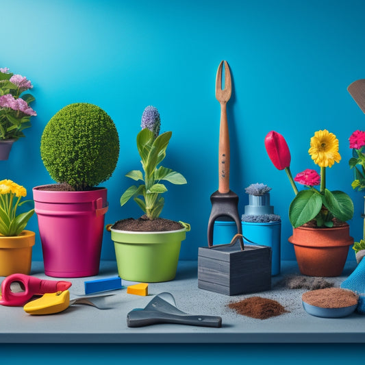A colorful arrangement of gardening tools, including a trowel, pruners, and gloves, surrounded by building blocks in various shapes and sizes, with a small potted plant in the center.