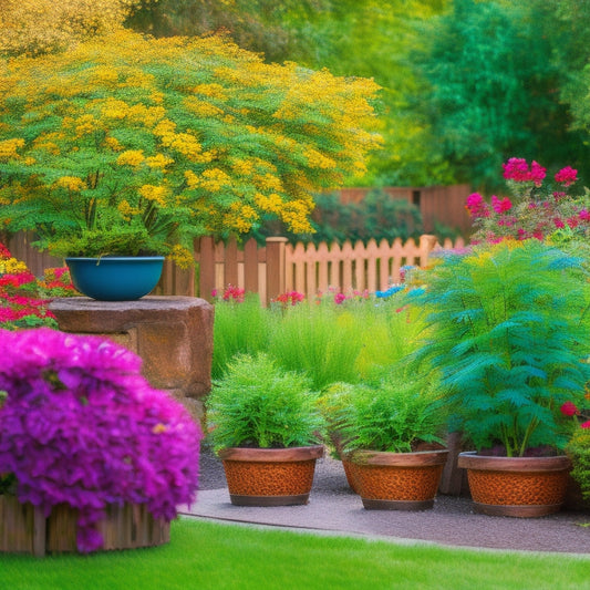 A serene backyard scene featuring a sturdy wooden block planter with a trellis, overflowing with vibrant greenery and colorful blooms, surrounded by lush grass and a few strategically placed garden ornaments.