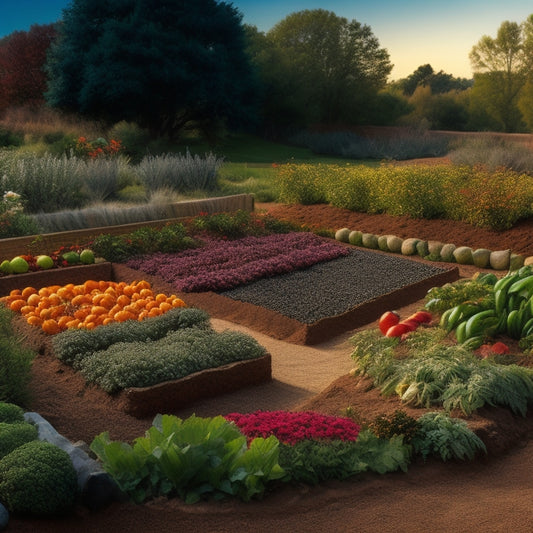 A vibrant illustration of a thriving vegetable garden with varied terrain, showcasing raised beds, trellises, and mulched pathways, set against a backdrop of rocky, sandy, and clay-rich soil profiles.