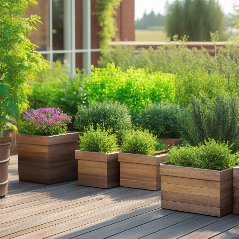 A serene outdoor setting with a wooden deck and lush greenery, featuring 5-7 modern block planters in varying shapes and sizes, filled with blooming flowers and plants, against a soft, sunny background.