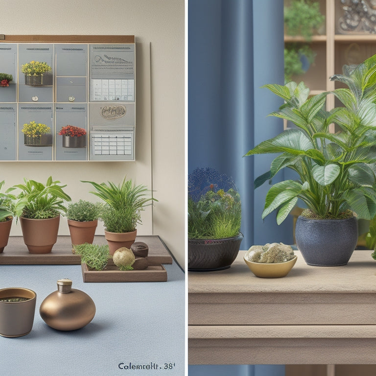 A split-screen image featuring a calendar on the left with dates and checkboxes, and a collection of various planters in different materials, shapes, and sizes on the right, arranged in a curved line.